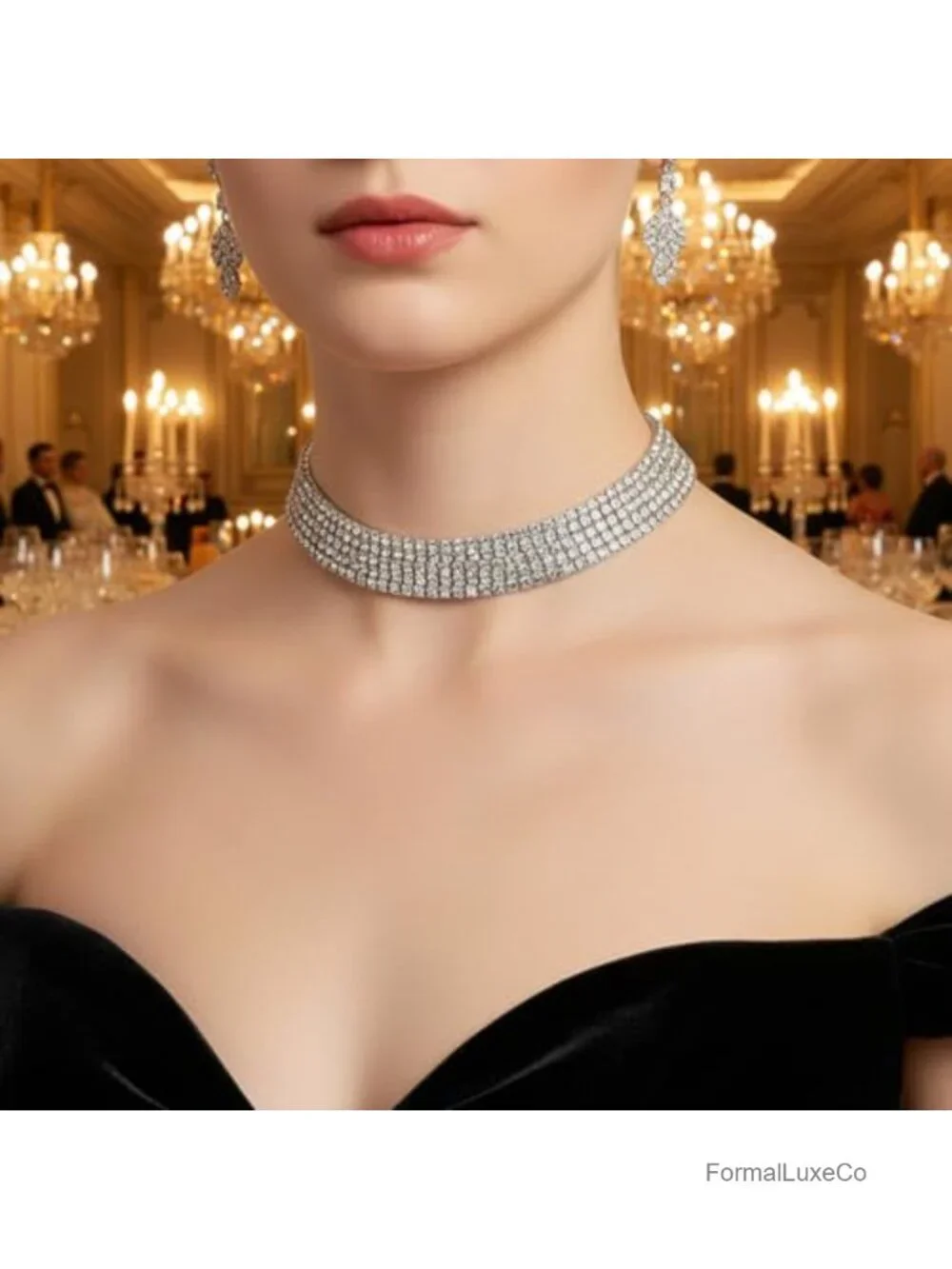 Rhinestone Choker Necklace & Earring Set, Sparkly Diamond Choker, Adjustable